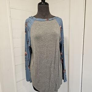 Gray and Blue Floral Sleeve Women's Long Sleeve Top